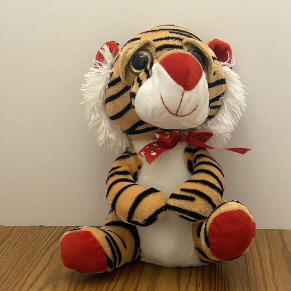 KellyToy Tiger Plush Big Glittered Eye Red Ribbon Soft Stuffed Animal 12” 2015 - Picture 1 of 9